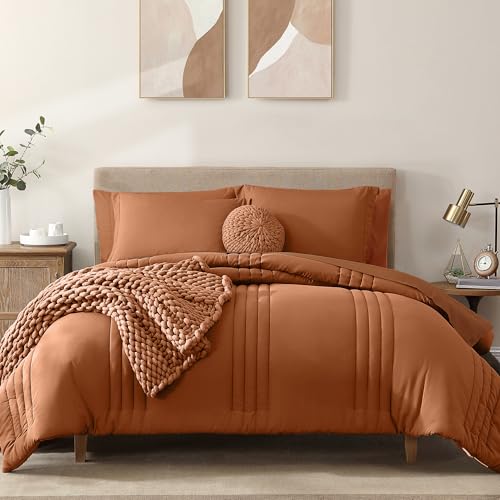 Image of Monbix Super King Plus Size Comforter Set - 7 Pieces Burnt Orange Bed in a Bag Super King Plus Bedding Sets with Comforters, All Seasons Comforter Bed Set with Sheets,Pillowcases & Shams