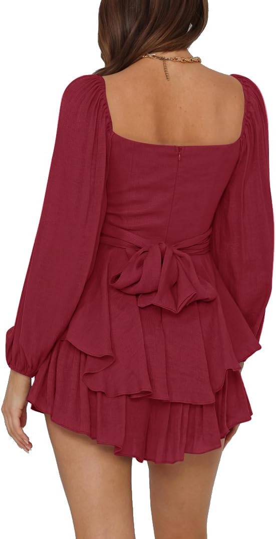 LYANER Women's Jumpsuit Lantern Long Sleeve Ruffle Layer Tie Mini Short Romper - Image 2