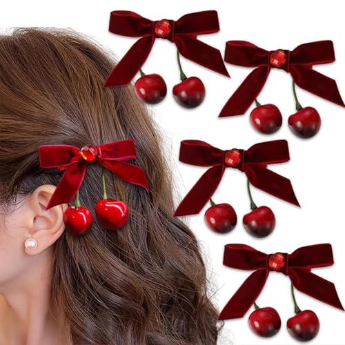 FloralGrace 4 Stück Kirsche Schleife Haarspange Rote Haar Accessoires für Damen, Samt Alligator Kirsche Haarclips für Pferdeschwanz Winter Weihnachtsschmuck