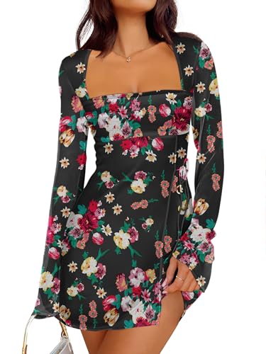 Caracilia Womens Sexy Mesh Ruched Mini Dresses Long Sleeve Square Neck Tie Fall Club Party Cocktail Short Dress 2025 Fashion Black Floral Medium