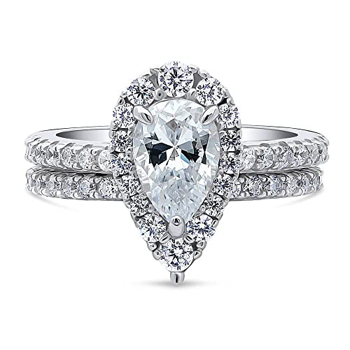 BERRICLE Sterling Silver Halo Wedding Engagement Rings Pear Cut Cubic Zirconia CZ Ring Set for Women, Rhodium Plated2