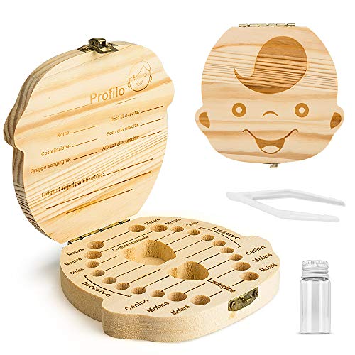 Denti salva box per bambini e bambina (italiano), Scatola porta dentini da latte,Bambini in legno ricordo regalo, Accumulazione dei denti (Ragazzo)