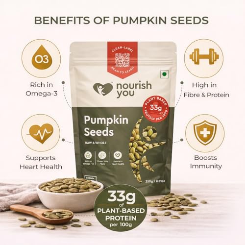 Image of Nourish You Raw Pumpkin Seeds 250 gm - High Protein, Fiber-Rich Superfood Snack | Nutrient-Dense & Crunchy Seeds for Healthy Snacking & Weight Management | Natural