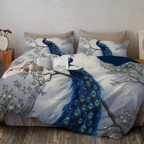 Peacock Apricot Tree Super King Duvet Cover Sets, Soft Reversible Classical Floral Animal Printed Luxury Bedding Set, Breathable Brushed Microfiber 260x220CM Bed Covers with 2 Pillowcases, Light Blue