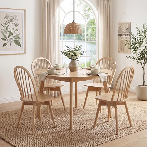 Image of COSTWAY Swivel Windsor Dining Chairs Set of 4 with Spindle Back, Natural | Solid Rubber Wood, Armless Kitchen Chair with Tilt Back, Mid-Century Modern Side Chairs for Dining Room, Kitchen, Restaurant