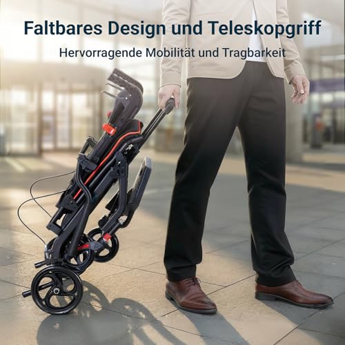 AEVITAL Rollstuhl Faltbar Leicht Transportrollstuhl Aluminium Klappbar Rollstühle Schmaler Rollstuhl Ergonomisches Design, kompakt für Reisen und Wohnung, Belastbarkeit 136 kg (Schwarz)