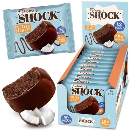 FitnesSHOCK Protein Brownie Snack ohne Zusatz von Zucker, Kekse mit 15% Eiweiß, Dunkle Schokolade, sättigende Ballaststoffe, low carb, weiche Konsistenz, 10 Stück х 50g - Kokos Geschmack
