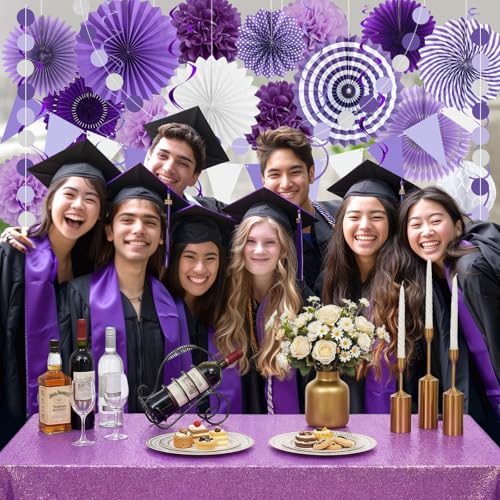Image of 24 Pcs Purple Birthday Decorations Kit, Reusable Hanging Paper Fans Triangle Banner Tissue Pom Poms for Lavender Party Event and Wedding Graduation Bridal Shower Retirement