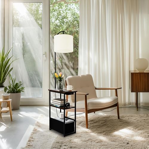 Image of Qupui Floor Lamp with Table, USB Charging, Fabric Basket, Brown