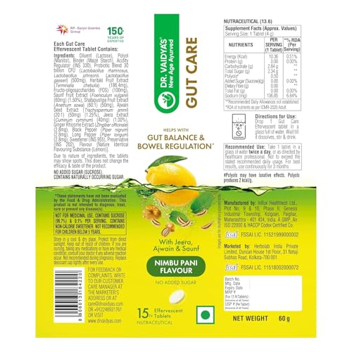 Image of Dr. Vaidya's Gut Care Effervescent Tablets | Helps reduce bloating & acidity, improves digestion, promotes gut health & regulates Bowel movement | Jeera, Ajwain, Saunf | Prebiotic & Probiotic Blend with healthy gut microbiome 15 Tablets (Pack of 4)
