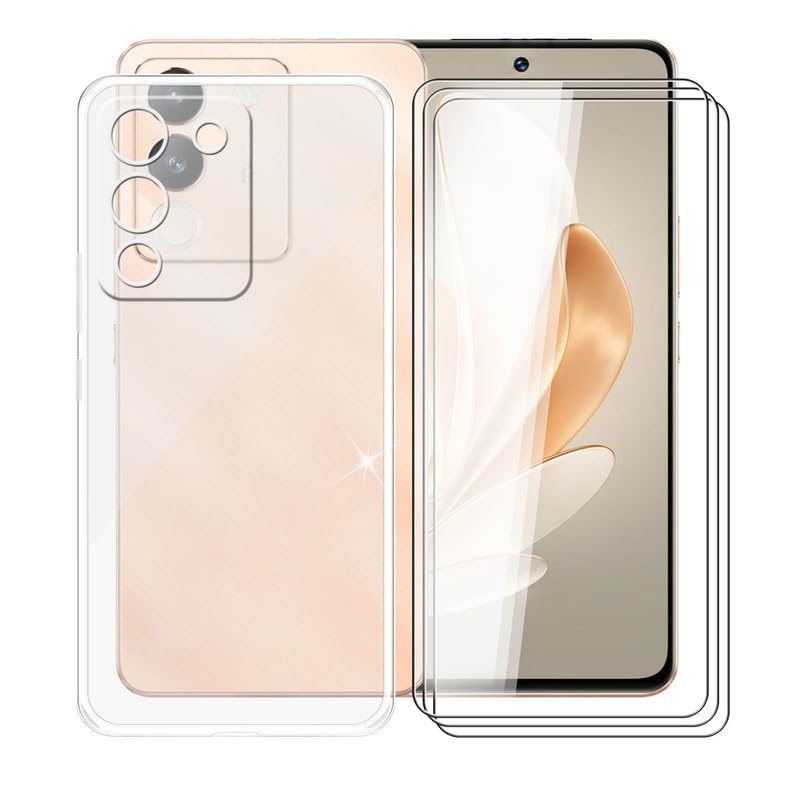 3-pak folii ze szkła hartowanego + osłona do Vivo V30 Lite (16.9 cm), osłona ekranu o twardości 9H i miękkie silikonowe etui, przezroczyste ochronne etui TPU - przezroczyste