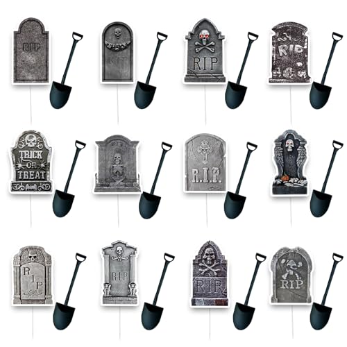 Halloween Cupcake Toppers 48 PCS Tombstones Graveyard Cupcake Toppers with Mini Shovel Spoons for Halloween Party Decorations Horror Birthday Decorations Nightmare Before Christmas Cake Topper
