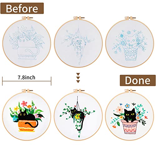 Image of Nuberlic 3 Sets Cute Cat Embroidery Kit for Adults Beginners, Stamped Cross Stitch Starter Kits Include Needlepoint Cloth Hoops Needles Threads and Instruction