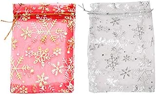 Toyvian 50pcs Organza Drawstring Bags with snowflakes pattern Christmas Candy Bags Mesh Jewelry Pouches for Xmas Holiday Birthday Wedding Favors (Red White)