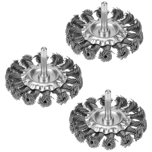 Image of QWORK 3Inch Knotted Wire Wheel Brushes, 3 Pcs Twist Brush Set for Rust, 1 /4-Inch Shank, Maximum 4500 RPM, Corrosion & Paint Removal, Hardened Steel Wire