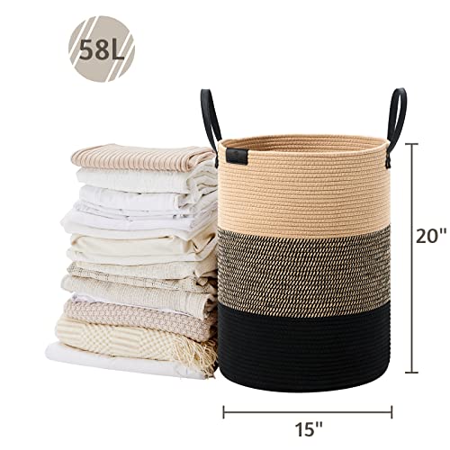 Image of VIPOSCO 58L Tall Woven Rope Laundry Hamper, Leather Handles, Brown & Black | Large Wicker Laundry Basket for Dirty Clothes, Blanket, Toy, Towel, Yoga Mat, Storage Bin in Bedroom, Bathroom, Living Room
