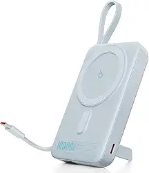 Basike Carregador Portátil Indução, Power Bank 10000mAh com Suporte Integrado, Ultrafino e Portátil, Carregamento Rápido Sem Fio 15W(MAX) + Cabo Tipo C 22.5W(MAX) Compatível com MagSafe (Azul)
