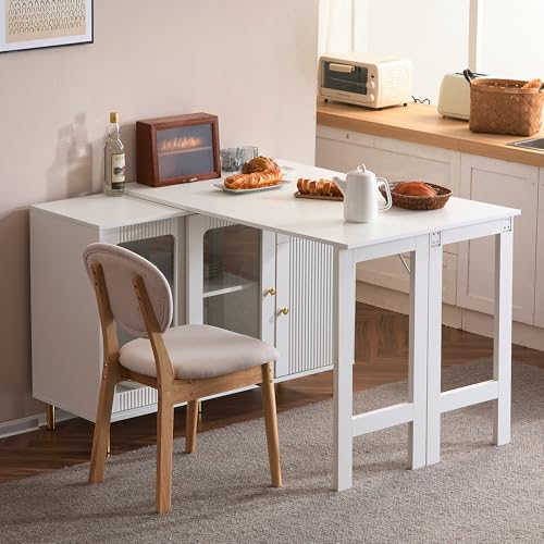 Aparador moderno blanco creativo con mesa extensible plegable, patas metálicas doradas, puertas correderas de cristal, estantes ajustables y diseño multifuncional