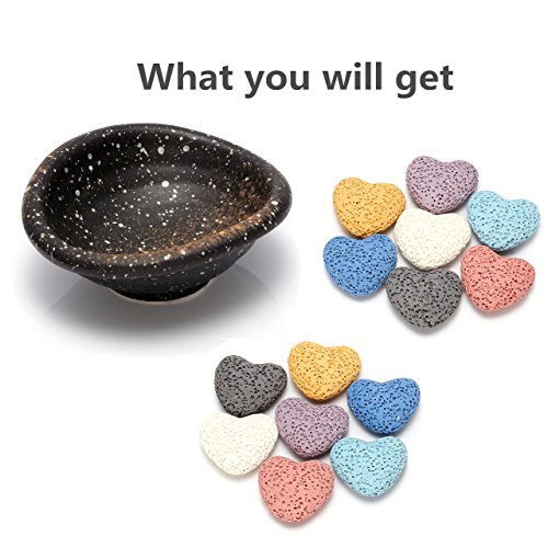 Top Plaza Lava Rock Gemstone Aromatherapy Essential Oil Diffuser Set - Oval Shape Ceramic Incense Burner/Ware/Holder/Bowl With 14Pcs Heart Lava Stone Beads