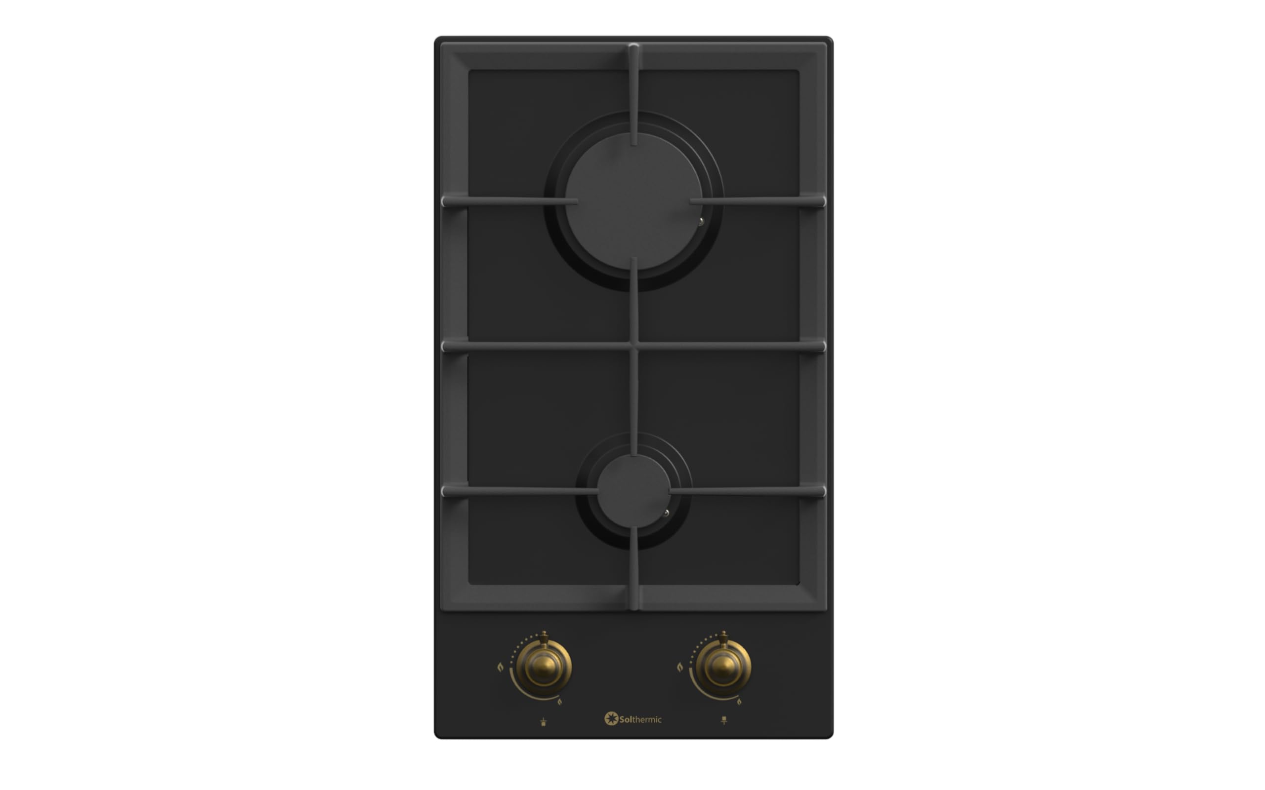 SOLTHERMIC BL152 PLACA GAS NEGRA RUSTICA CON MANDOS DORADOS/ANCHO 30 CM / 2 FUEGOS CON ENCENDIDO AUTOMATICO/PARRILLA HIERRO FUNDIDO