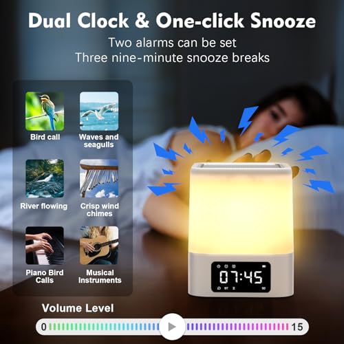 Night Light Bluetooth Speaker, Gifts for 10 11 12 13 14 15 Years Old Boys Teenager Girls, All-in-1 Dual Alarm Clock, Touch Sensor Bedside Lamp, 48 RGB Color Chang, MP3 Player, Wireless Speaker - Image 5