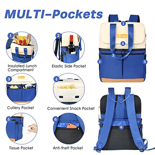 Image of Scothen Backpack Cooler with Double Decker & 12 Ice Packs- Keeps 36 Cans Cold for Up to 24 Hours- Waterproof & Leak Proof Insulated Cooler Backpack- Stylish Cooler Bookbag for Women Travel Work Beach