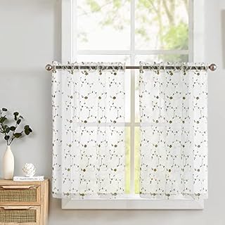 TOPICK Net Kitchen Curtains 24 Inch Drop Short Voile Curtains Floral Embroidered Sheer Rose Cafe Curtains Rustic Style Flower Curtains for Small Window Basement Cupboard 2 Panels Blue on White
