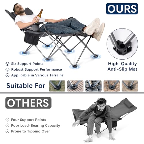 Image of apollo walker Reclining Beach Chair, Adjustable 90-135 Backrest Camping Lounge Chairs for Adults, Folding Chair with Foot Rest & Detachable Pillow - Standard 6-Leg, Grey