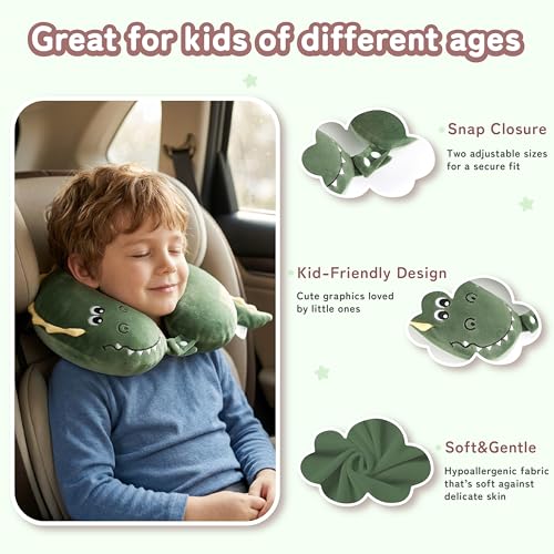Image of Kids Travel Neck Pillow for Ages 3-8 with Memory Foam, Crocodile | Removable cover, 13 in neck size, hidden zipper, machine washable, head and chin support, car seat and airplane use