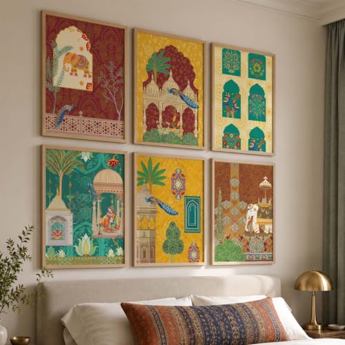 Image of KOTART Traditional Indian Wall Art Madhubani Paintings for Living Room | Framed Wall Painting for Home Room Bedroom Office Wall Decor | Pichwai Art Painting for Wall Decoration | Wall Poster With frames | Wall Paintings For Home Decoration | Indian Wall Art Home Decor Frames | set of 6 (D, 13x17 inch)