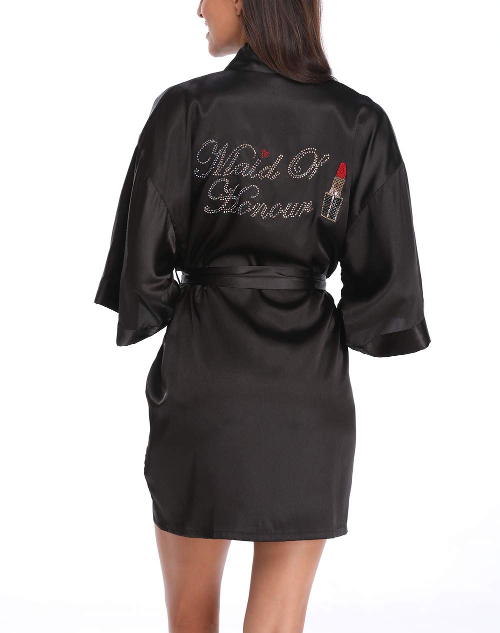 SUGAR JAN Women's Silk Bride Bridesmaid Robes for Wedding with Rhinestones Satin Dressing Gown Sleepwear with Pockets