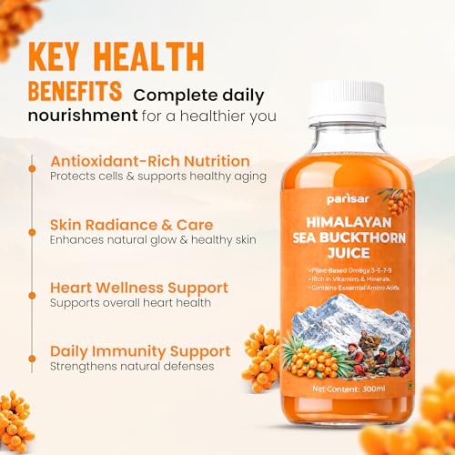 Image of Parisar Himalayan Sea Buckthorn Juice 300ml | No Added Sugar| Pure Sea Buckthorn Pulp Concentrate | Rich in Omega 3 6 9 7, Vitamin C & Antioxidants