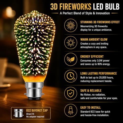 Image of BRAINLE Infinity 3D Fireworks Bulb - 3W 120V LED Light, Multicolor Stain Glass Effect, Colorful Party Disco Fairy Light, Firework Effect Bulb for Vibrant Ambiance and Decorative Illumination