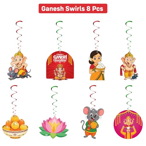 Image of Party Propz Ganapati Decoration Items for Home - 8 Pcs Ganpati Setup Hanging Swirls, Ganesh Chaturthi Decor, Ganesh Puja Festival Supplies, Home Ganpati Decor, Paper Hanging Decor