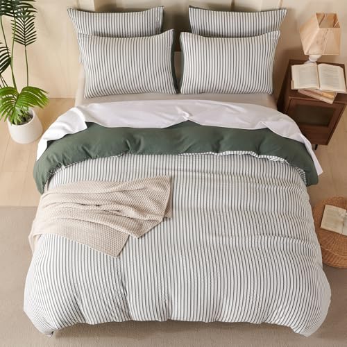 Image of Dark Green Striped Comforter Set King - 3 Pieces Bedding Comforter Set for All Season, Soft Lightweight Washed Microfiber, 1 Striped Comforter and 2 Pillowcases (Dark Green, King Size)