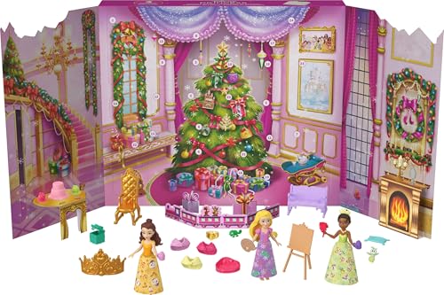 Mattel Disney Princess Doll Advent Calendar with 24 Days of Surprises, Including 3 Small Dolls, 3 Friends, 6 Fashions & 16 Accy Inspired by Movies (Amazon Exclusive)