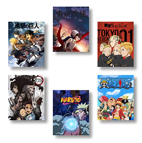 PoyBux Design - Best Anime Wall Art Poster Prints, Set of 6 (8''x10'') UNFRAMED, Anime Poster, Mix Japon Anime Wall Art, Naruto Poster, Attack on Titan Poster, Demon Slayer poster, One Piece Poster, Tokyo Ghoul Poster, Tokyo Revengers