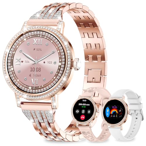 fitonyo Smartwatch Damen mit Telefonfunktion Diamant,1,27' HD Smartwatch Bluetooth-Anrufe,3 Armbänder,SpO2/Blutdruck/Schlaf/Schritte/Kalorien,120 Sportmodi IP68 Fitnessuhr für Android & iOS,Roségold