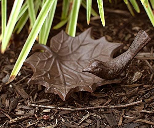 BestNest Set of 2 Esschert Design Maple Leaf Petite Bird Baths, Brown | Cast Iron Leaf Bird Baths with Perched Bird Figures | Decorative Outdoor Garden Birdbaths or Indoor Accent Dishes