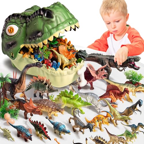 LUKIUP Conjunto de 46 brinquedos de dinossauros, 26 figuras realistas de dinossauros, caixa de armazenamento para 3, 4, 5, 6, 7 anos, para aniversários infantis, presentes