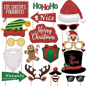 Glitter Christmas Photo Booth Props Kit – 25 Count DIY Xmas Theme Photography Backdrop Decoration, Holiday Atmosphere Decor, New Year Party Photo Supplies, Gifts for Funny Selfie Posing Signs
