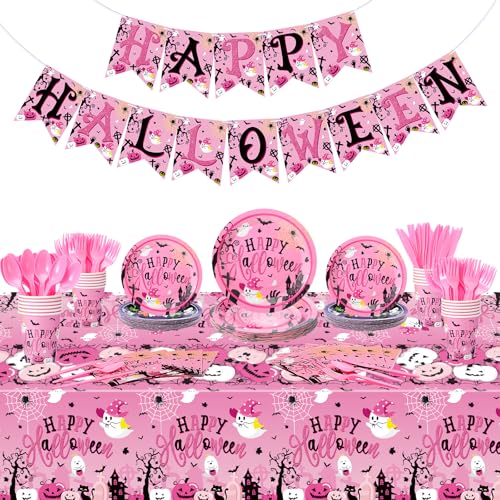 Sieral 171 Pcs Pink Halloween Party Supplies Serve 24 Disposable ...