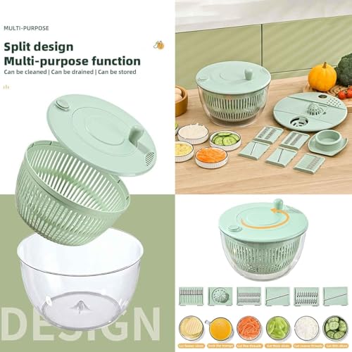 Image of 5L Salad Dryer Bowl Multifunctional Salad Processer Bowl with 6 in 1 Food Processer Blades Large Capacity Salad Dryer Bowl with Crank Handle Kitchen Vegetable Salad Dryer