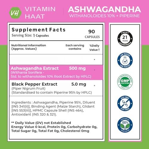 Image of Ashwagandha Supplements 90 Capsule| Organic Ashwagandha Powder Supplement for Men & Women | Supports Stress Management & Muscle Recovery Withanolides 10%, Piperine Bio Enhanced Formula by VitaminHaat
