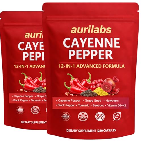 WSJAWH Aurilabs Cayenne Pepper softgels - Vitamin D3+K2 Complex Circulation Support Formula with Capsaicin & Botanicals Vegetarian Non-GMO Softgels for Daily Wellness (2)