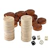 Amerous Thread Wooden Checkers Pieces Nature Wood Backgammon Pieces with Drawstring Bag, 5 Dices Included