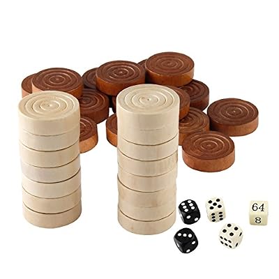 Amerous Thread Wooden Checkers Pieces Nature Wood Backgammon Pieces with Drawstring Bag, 5 Dices Included
