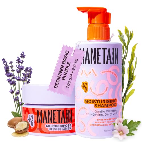Image of MANETAIN Beginner Basic Bundle | Moisturising Shampoo 237ml & Multipurpose Conditioner 200gm | Protein /Moisture Balanced for Curly, Wavy & Frizzy Hair | Frizz Control, Hydrating, Strengthening, Curl Enhancing | CG Friendly