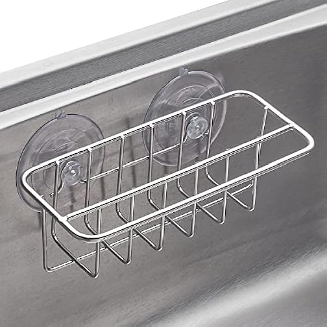 Sink Caddy Sponge Holder for Kitchen Sink Dish Cloth Hanger 2 Suspension Options(Suction Cups and Adhesive Hook), SUS304 Stainless Steel, Silver