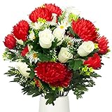 LOYWREE Artificial Cemetery Flowers Big Bouquet Outdoor Grave Flowers with Red Mum and Rose for Deco